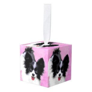 Papillon (wit en zwart) schilderen - Dog Art Kubus Ornament