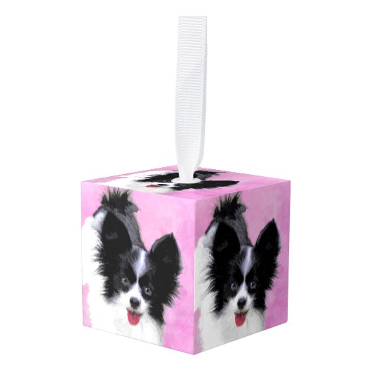 Papillon (wit en zwart) schilderen - Dog Art Kubus Ornament (Voorkant hoekig)