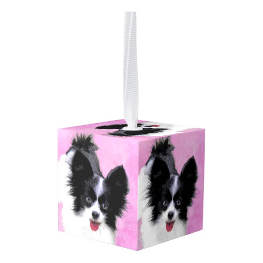 Papillon (wit en zwart) schilderen - Dog Art Kubus Ornament (Achter hoekig)