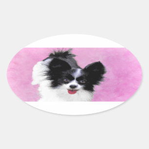 Papillon (wit en zwart) schilderen - Dog Art Ovale Sticker