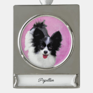 Papillon (wit en zwart) schilderen - Dog Art Silv Verzilverd Banner Ornament
