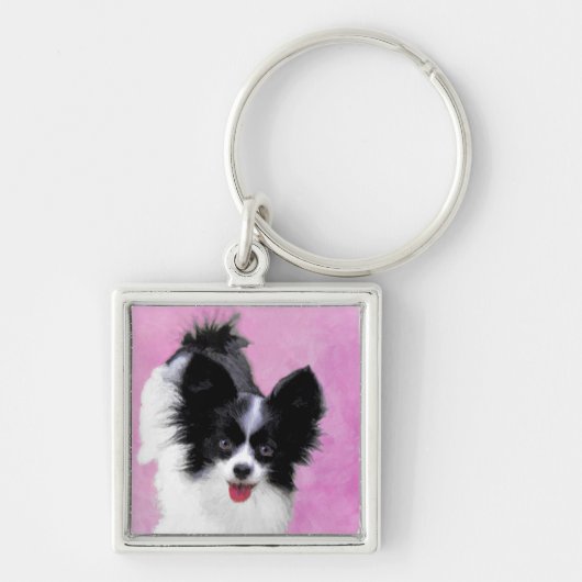 Papillon (wit en zwart) schilderen - Dog Art Sleutelhanger (Voorkant)