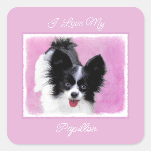 Papillon (wit en zwart) schilderen - Dog Art Squa Vierkante Sticker (Voorkant)