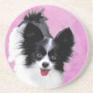 Papillon (wit en zwart) schilderen - Dog Art Zandsteen Onderzetter