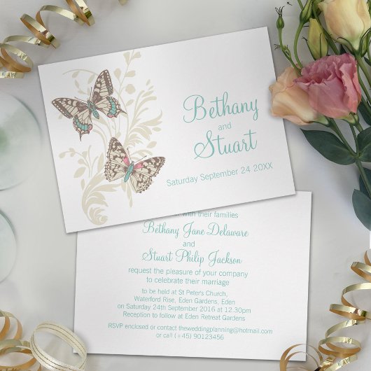 Papillons aqua faire-part de mariage turquoise