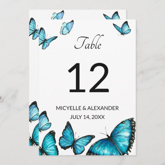 Papillons aquarelle bleue Numéro de table de maria (Devant / Derrière)