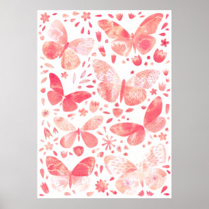 Papillons Aquarelle Corail Rose Poster