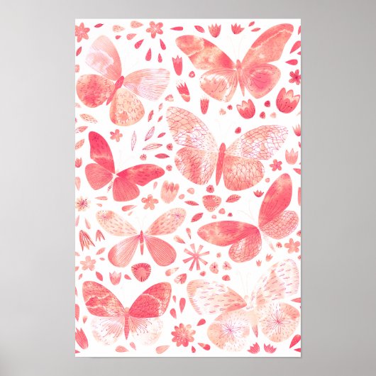 Papillons Aquarelle Corail Rose Poster (Devant)