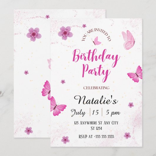 Papillons aquarelles Invitation de fête d'annivers (Devant / Derrière)