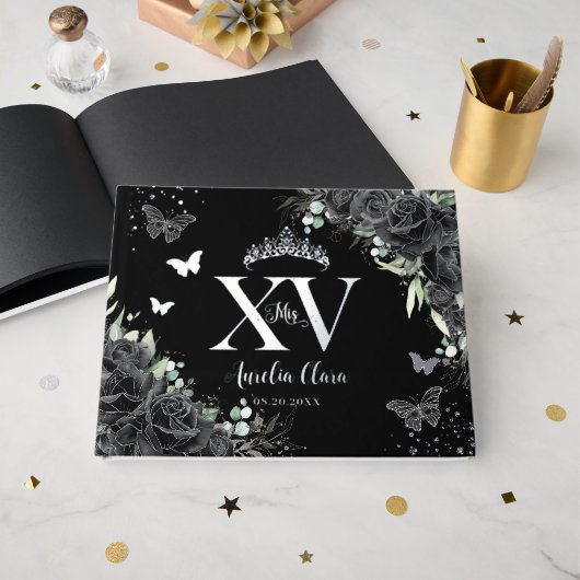 Papillons aux fleurs Rose noirs Silver Quinceañera (Recto ouvert)