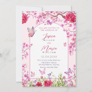 Papillons aux fleurs roses faire-part de mariage