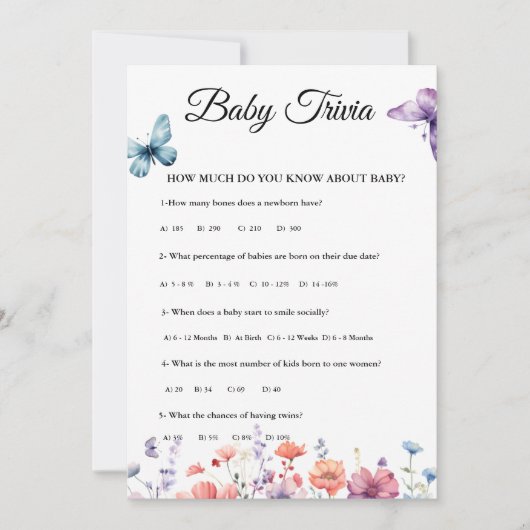 Papillons Bébé trivia jeu de Baby shower Carte (Devant)