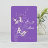 Papillons blanc pourpre crème invitations mariage (Debout devant)