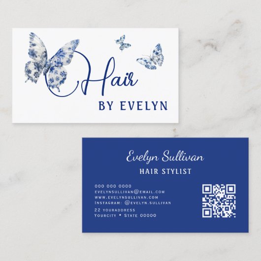 Papillons Bleu Blanc Carte de visite de cheveux (Devant / Derrière)