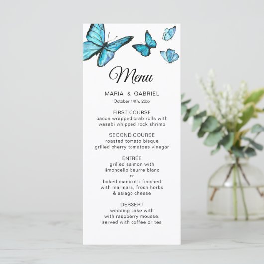 Papillons bleu Mariage Carte Menu (Debout devant)