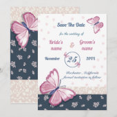 papillons bleu marine rose enregistrer la carte da (Devant / Derrière)