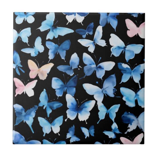 "Papillons bleus Aquarelle Carreaux en céramique : (Devant)