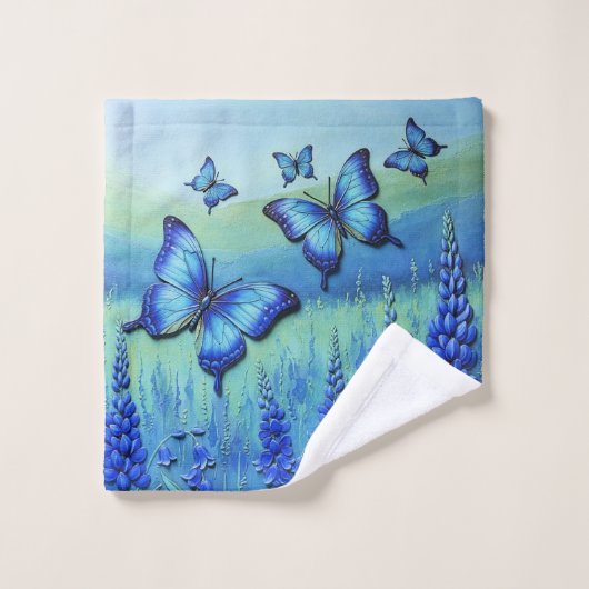 Papillons bleus avec des fleurs bleues, (Gant de toilette)