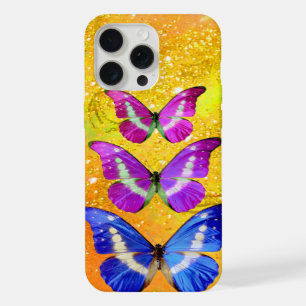 PAPILLONS BLEUS VIOLETS ROSES DANS DU JAUNE OR