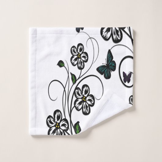 Papillons colorés sur Fleurs blanches (Gant de toilette)