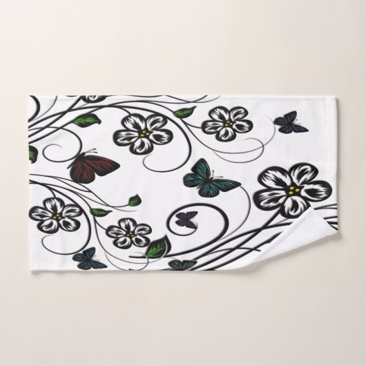 Papillons colorés sur Fleurs blanches (Serviette à main)