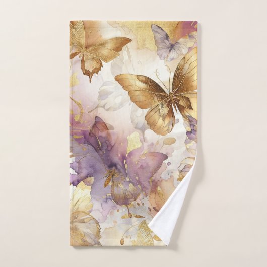Papillons d'aquarelle à papillon pourpre et or (Serviette à main)