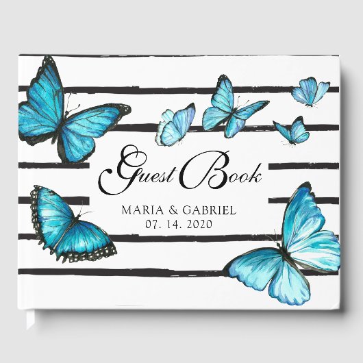 Papillons d'aquarelle bleu Mariage Livre d'or (Recto)
