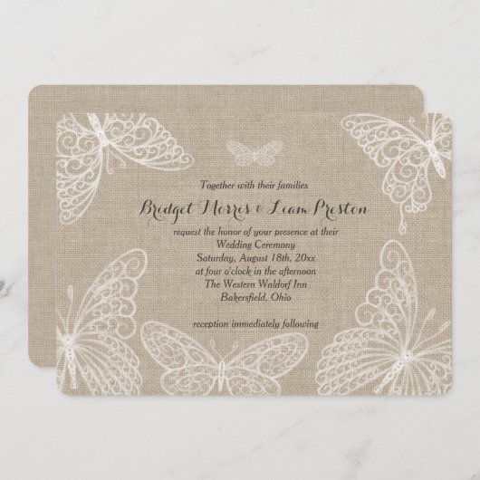 Papillons dentés sur Faire-part de mariage Burlap (Devant / Derrière)