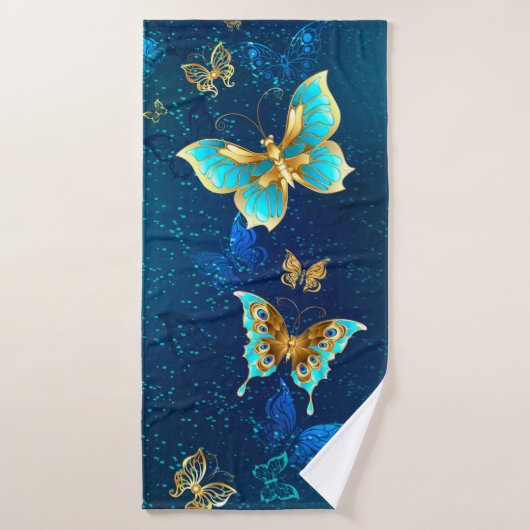 Papillons d'or sur un Arrière - plan bleu (Serviette de bain)