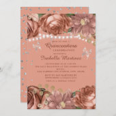 Papillons en argent corail Quinceañera Invitation (Devant / Derrière)