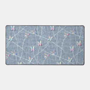 Papillons en relief aquarelle sur lin bleu denim