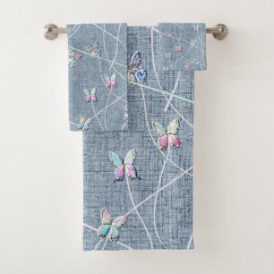Papillons en relief aquarelle sur lin bleu denim