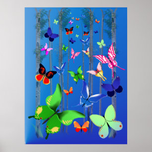 Papillons et affiche lumineux de forêt