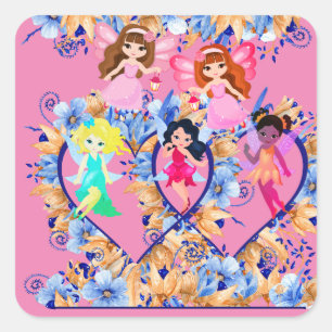 papillons et fées carré classique autocollant