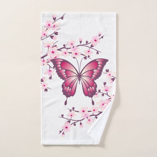 Papillons Et Fleurs De Cerisiers Rose Blanc (Serviette à main)