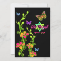 Papillons et fleurs en néon Invitation Bat mitzvah