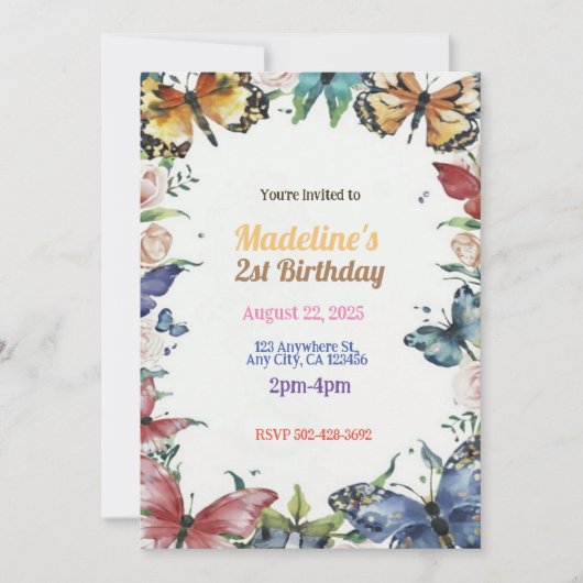 Papillons et fleurs Invitation fête d'anniversaire (Devant)