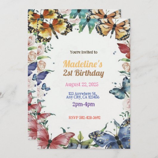 Papillons et fleurs Invitation fête d'anniversaire (Devant / Derrière)