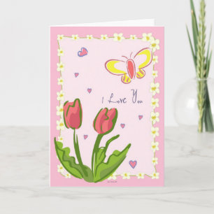 Papillons et fleurs "Je t'aime" Carte de voeux