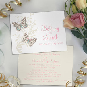 Papillons faire-part de mariage crème blanche rose