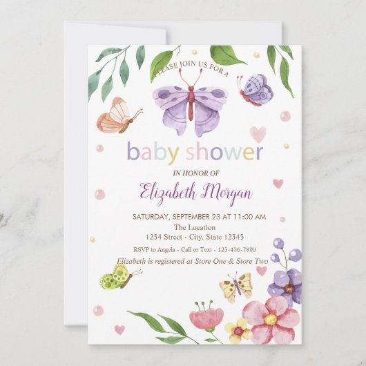 Papillons Fleurs Douche Dotée Invitation (Devant)