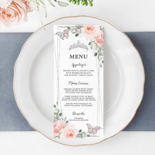 Papillons Floraux bleus Quinceañera Sweet 16 Menu