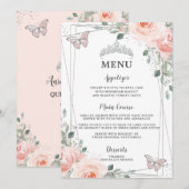 Papillons Floraux bleus Quinceañera Sweet 16 Menu (Devant / Derrière)