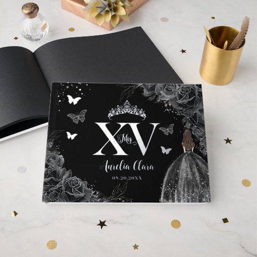 Papillons floraux Rose noirs Silver Quinceañera (Recto ouvert)