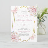 Papillons floraux roses Quinceañera Invitation (Debout devant)