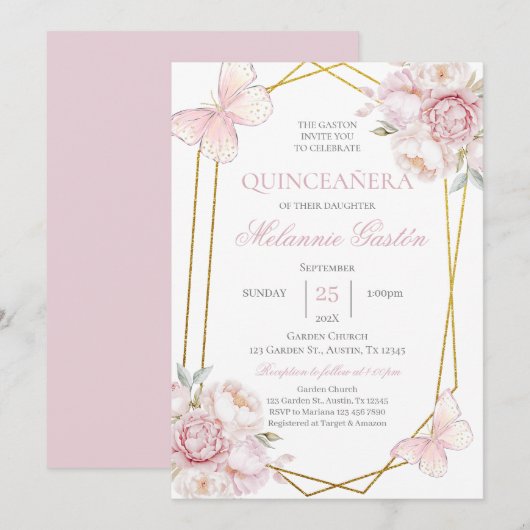 Papillons floraux roses Quinceañera Invitation (Devant / Derrière)
