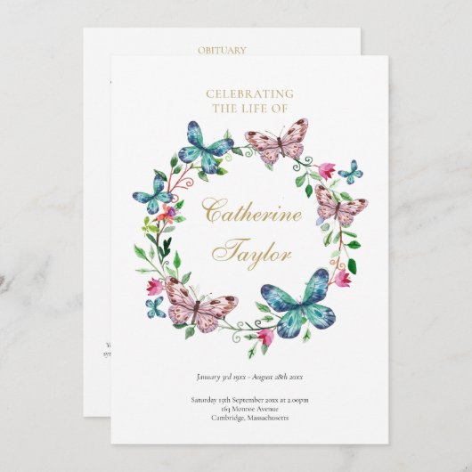 Papillons Funérailles Ordre de service Programme (Devant / Derrière)