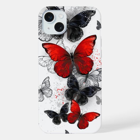 Papillons Morpho Noirs et Rouges en Vol (Verso)