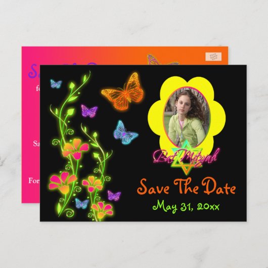 Papillons Néon PHOTO Carte de sauvegarde de la dat (Devant / Derrière)