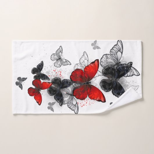 Papillons noirs et rouges volants (Serviette à main)